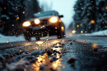 As a car navigates a foggy winter road, it splashes melting snow onto the surface, creating an ethereal atmosphere with soft glowing lights in the early evening.