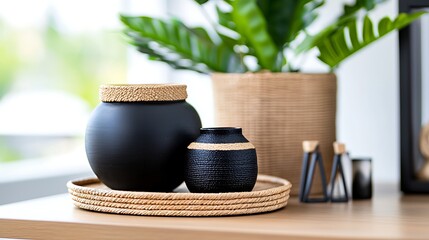Stylish Black Vases and Houseplant on Wicker Tray