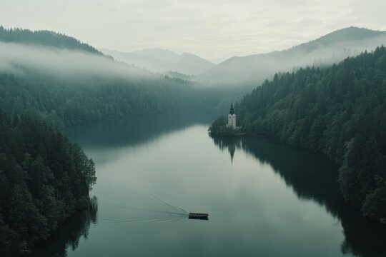 During summer, an aerial shot of Lake Bled (Blejsko Jezero) in Bled, Slovenia, reveals its picturesque charm. The focal points are the Pilgrimage Church of the Assumption of Maria on an island, Bled