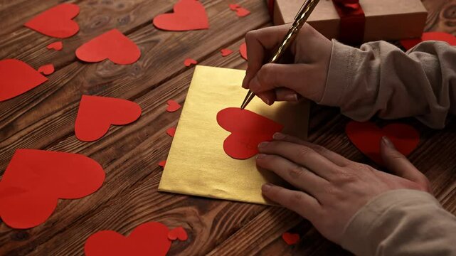 Close up of wooden table with red paper hearts scattered on the surface, woman hand writing text I love you on heart shaped card laying on golden envelope.