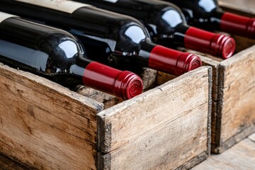 Bottles of red wine resting in a rustic wooden crate in a cozy storage setting during the evening