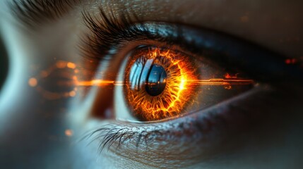 A human eye with a laser beam passing through the pupil, symbolizing focus and technological innovation. Ideal for science fiction, medical, and tech visuals.