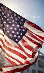 Obraz premium Close-up of American flag waving high in air, sunlight filter, rays, texture