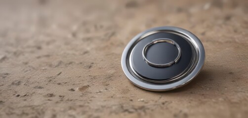 Obraz premium Close-up of a small circular pin badge with a circular ring around it, details, close-up, metallic