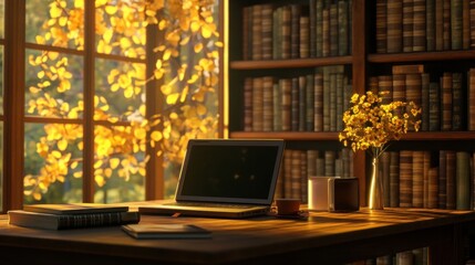 Books and laptop on a wooden table, radiating warmth and focus in golden light.