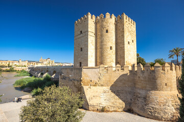 The Calahorra Tower on a one side of the Roman Bridge in Cordoba town in Spain. Ancient stone tower and bridge overlooking a river.  Historic architecture under a clear blue sky.