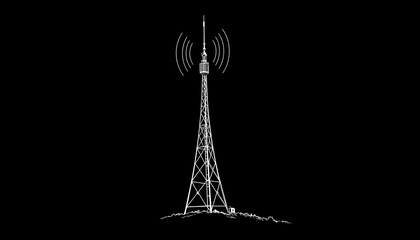 Old vintage radio tower broadcast transmitter sketch engraving PNG illustration. Scratch board style imitation. Black and white hand drawn image, pop art