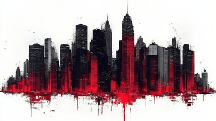 Fototapeta premium Stylized cityscape silhouette in black and red, with a splatter effect at the base