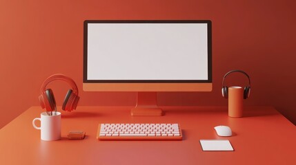 Orange minimalist workspace; computer, headphones, desk