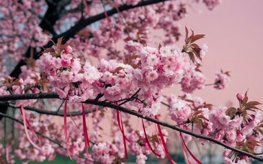 Fototapeta premium Pink cherry blossoms with red ribbons on branches.