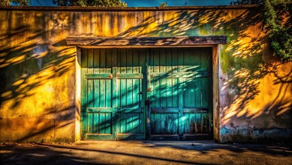Naklejka premium Spooky garage, rusted door, ghostly ambiance, digital art.