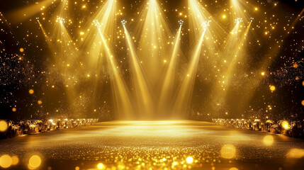 Glamorous Stage with Golden Spotlights, Symmetrical Design, Glittering Texture, and Starry Effects on Warm Brown Background. Festive Ambiance Evoking Awards Ceremony or Performance