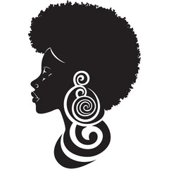 Silhouette of a Black female profile with a bold, curly afro and spiral earrings.