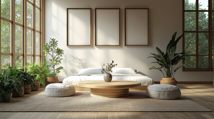 Fototapeta premium Serene Minimalist Bedroom: A calming and minimalist bedroom interior, featuring a plush bed, wooden furniture, and large windows that flood the space with natural light.