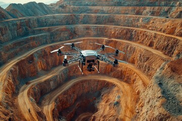 Drone Overlooking Quarry Landscape with Rock Layers and Machinery