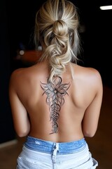 Naklejka premium Detailed floral tattoo design on woman's back displayed in an artistic setting with soft lighting and a casual vibe