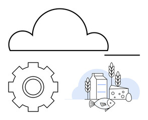 Cloud icon above gear and food items including milk, cheese, fish, and wheat stalks. Ideal for technology, agriculture, food industry, sustainability, data systems supply chain abstract line flat