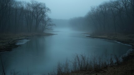 Fototapeta premium An eerie scene of lifeless trees, devoid of leaves, sinking into the tranquil waters