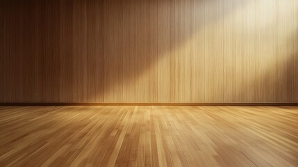 Sunlit wooden room interior with wall and floor.