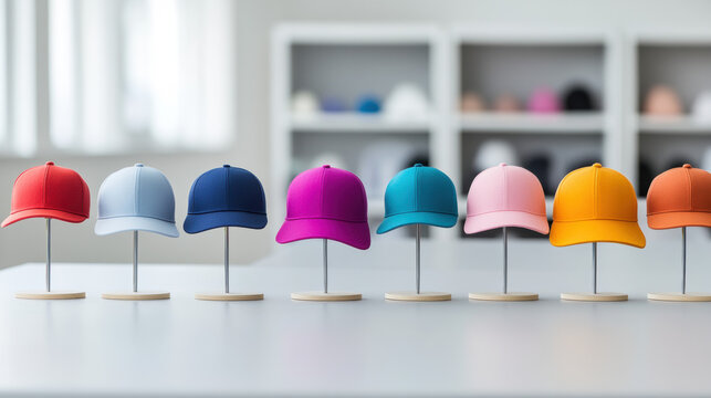 Secret agenda, A colorful display of various baseball caps arranged neatly on stands in a bright, modern setting.