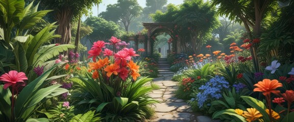 Colorful illustrations of exotic flowers in a lush garden environment,  colorful,  vibrant,  illustration
