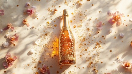 Champagne bottle with gold glitter and confetti, celebrating festive moments in style.