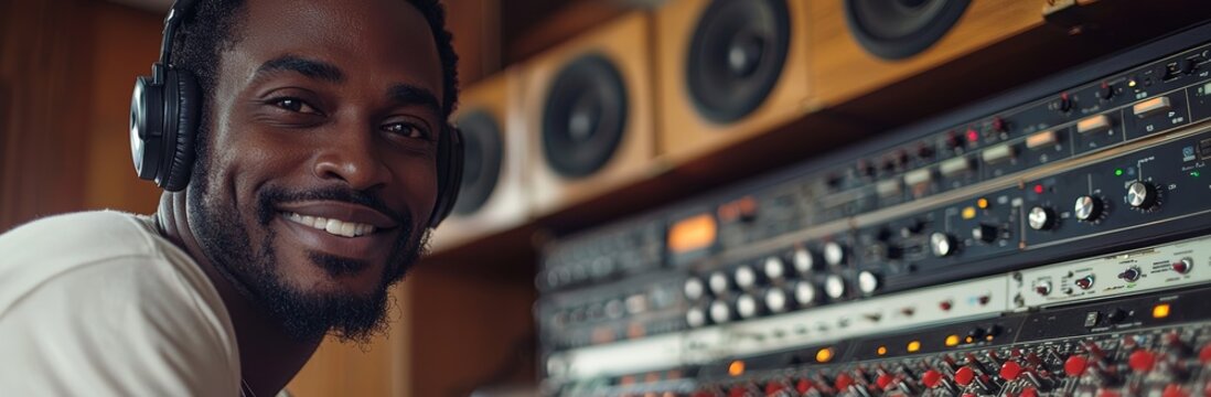 An African American man, happy and wearing a headset, is using a laptop computer