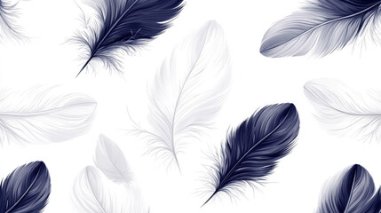 Obraz premium Illustration, pattern of delicate light and blue feathers on a white background.
