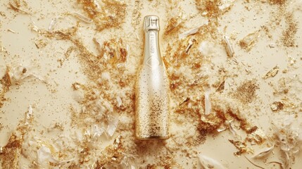 Champagne bottle with gold glitter and confetti, celebrating festive moments in style.