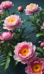 Obraz premium Colorful peony flowers in water with stems and leaves , spring, blooms, botanical