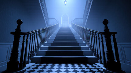 Secret agenda, Mysterious staircase illuminated by blue light, leading to an open door, creating a sense of intrigue and anticipation.