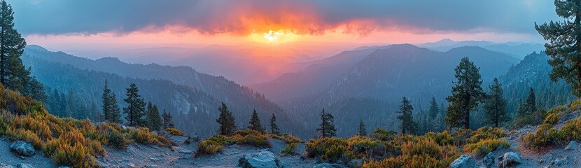 Obraz premium Mount Diablo in California is captured in a wide-angle shot with the sun setting and clouds in the sky