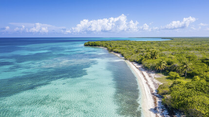 Fototapeta premium Aerial view of tropical coastline with clear turquoise water, lush greenery, and sandy beach. serene landscape evokes tranquility and beauty