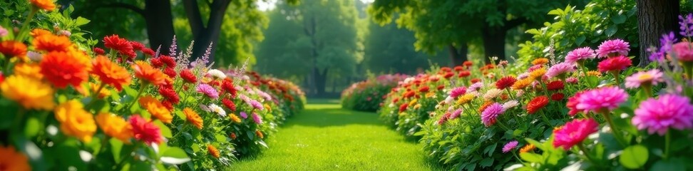Vibrant floral garden with colorful flowers and lush greenery, plants, petals