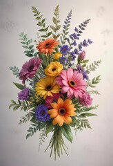 Obraz premium Colorful watercolor flowers arranged in a loose, organic bouquet with some greenery , bouquet, fall colors, leafy greens