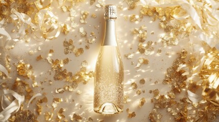 Champagne bottle with gold glitter and confetti, celebrating festive moments in style.