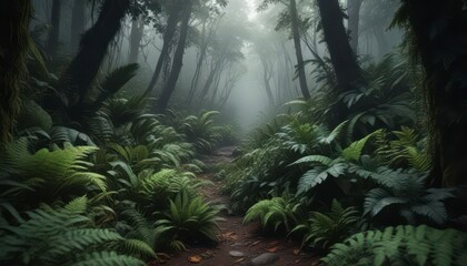 Naklejka premium Dark forest floor covered in thick exotic leaves and ferns, exotic leaves, dense foliage