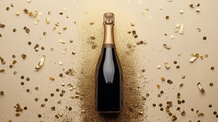 Champagne bottle with gold glitter and confetti, celebrating festive moments in style.