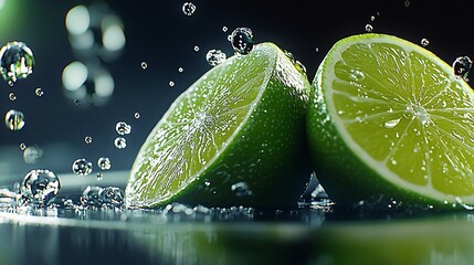 Two lime halves, water splashing, dark background.