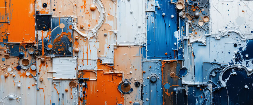 Abstract geometric composition, layered squares and rectangles, textured paint, peeling surface, orange and blue color palette, industrial aesthetic, weathered metal, rust effects, urban decay, graffi