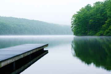 Obraz premium Serene Lake Misty Morning Wooden Dock Tranquil Reflections