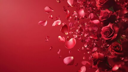 Obraz premium Love in Bloom: A Stunning Display of Passionate Red Roses and Delicate Petals, Adorning a Rich Crimson Canvas, Symbolizing the Beauty and Joy of Love.