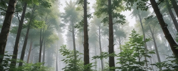Dense forest of tall trees with large green leaves against a snowy white background , forests,  trees,  winter
