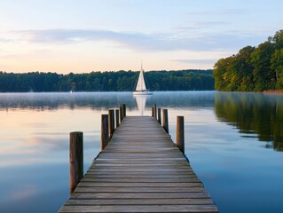 Obraz premium Serene Sunrise Wooden Dock Leading to Sailboat on Calm Lake