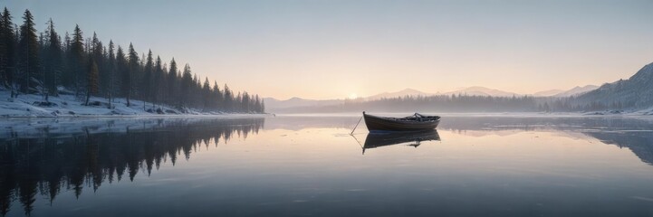 A solitary boat on a frozen lake with a peaceful and serene atmosphere, winter scene , morning light, peaceful atmosphere