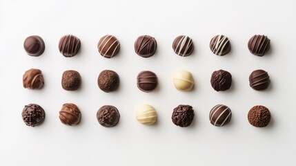 Fototapeta premium Assorted gourmet chocolates arranged in neat rows on a white background, showcasing variety