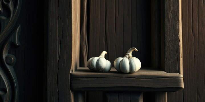 A solitary garlic clove nestled in the intricate carvings of an old wooden door frame, decorative_accessories, ornamental_carving, old_wooden_door_frame