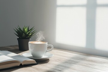 Fototapeta premium Serene Morning Coffee Book and Sunlight on Wooden Table