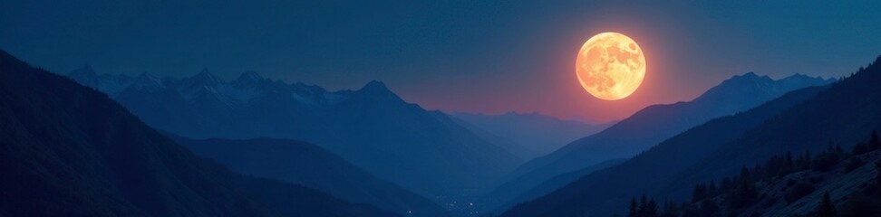 Fading light of the full moon casts eerie glow on mountains, mystery, moon
