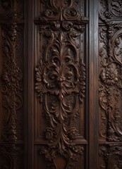 Dark wood paneling with intricate carvings and aged patina,  texture,  paneling